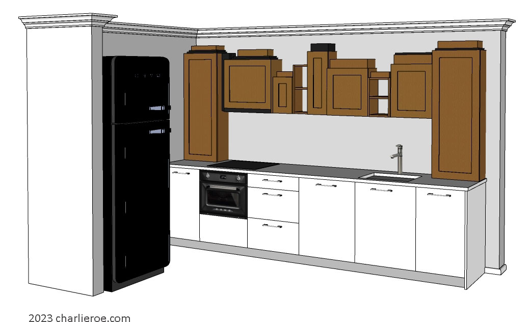 New Art Deco stepped Skyscraper style fitted kitchen wall units in wood & lacquered finishes