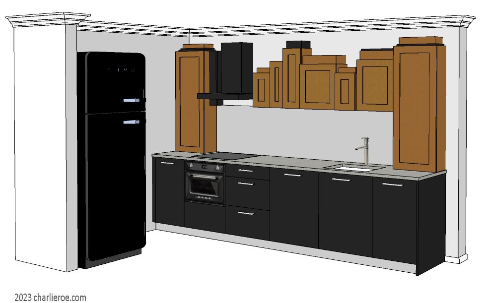 New Art Deco stepped Skyscraper style fitted kitchen wall units in wood & lacquered finishes