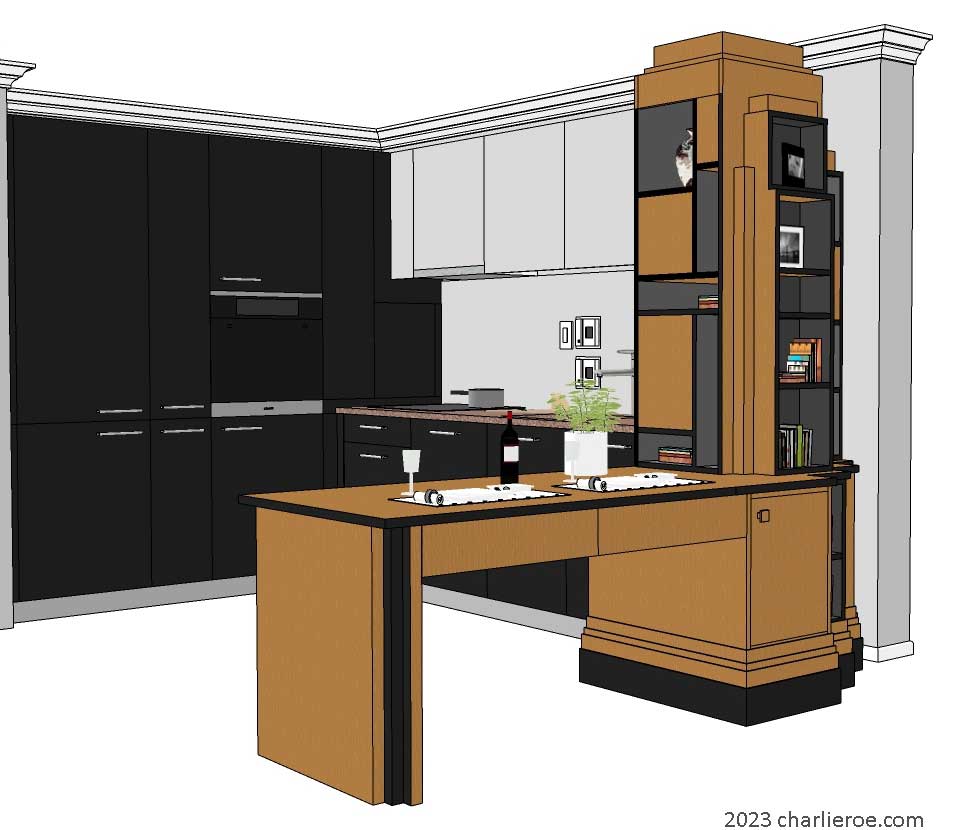 New Art Deco Paul Frankl Skyscraper style fitted kitchen and bookcase dining table in wood & lacquered finishes
