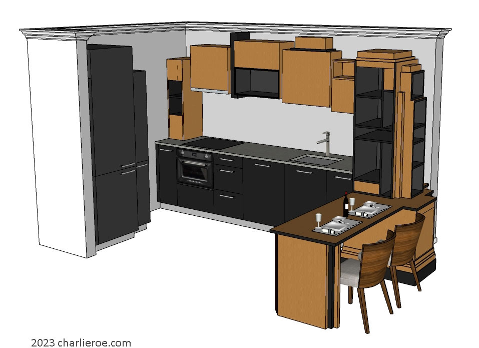 New Art Deco Paul Frankl Skyscraper style fitted kitchen and bookcase dining table in wood & lacquered finishess