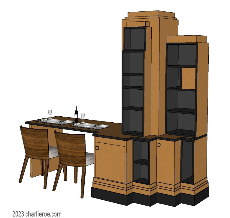 New Art Deco Paul Frankl Skyscraper style bookcase dining table in wood & lacquered finishess