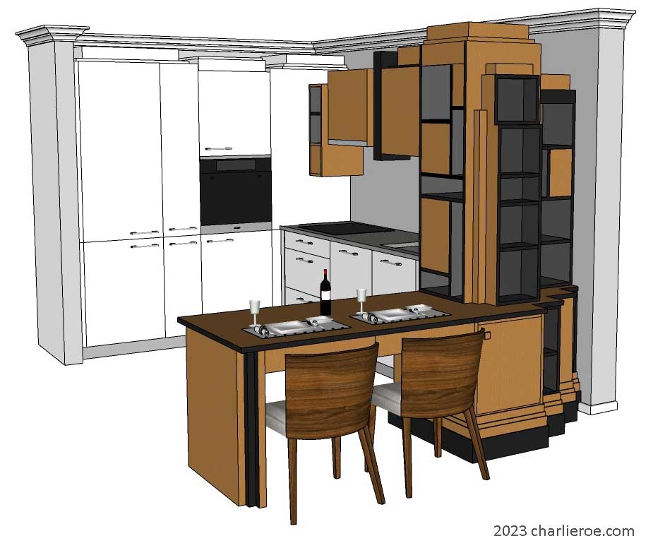 New Art Deco Paul Frankl Skyscraper style fitted kitchen and bookcase dining table in wood & lacquered finishes