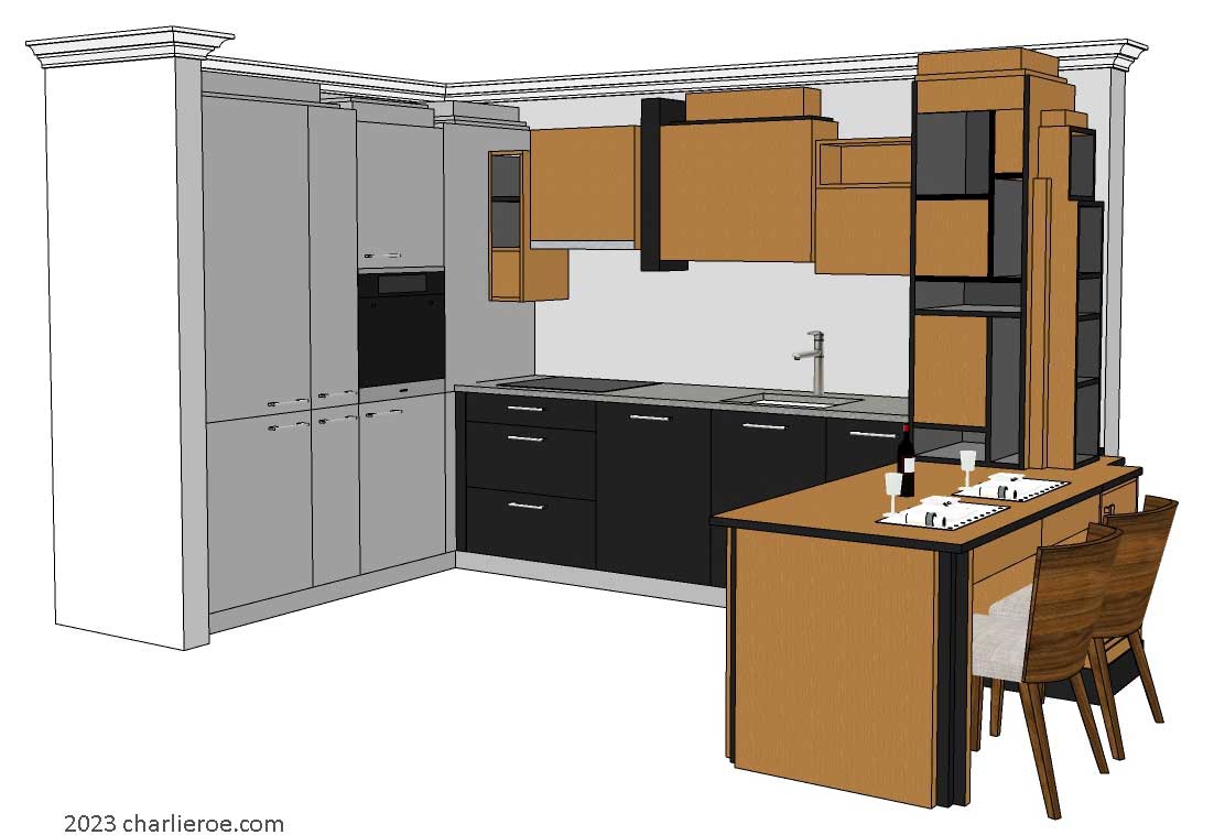 New Art Deco Paul Frankl Skyscraper style fitted kitchen and bookcase dining table in wood & lacquered finishes