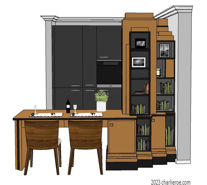 New Art Deco Paul Frankl Skyscraper style fitted kitchen and bookcase dining table in wood & lacquered finishes