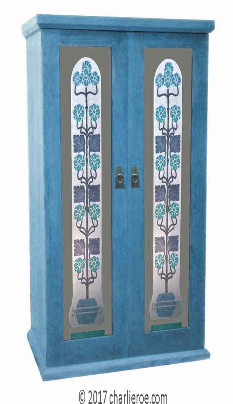 new Jugendstil Art Nouveau Oak double wardrobe with painted Jugendstil designs on the door panels