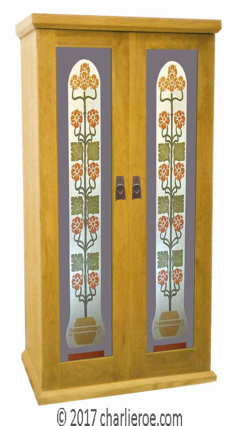 new Jugendstil Art Nouveau Oak double wardrobe with painted Jugendstil designs on the door panels
