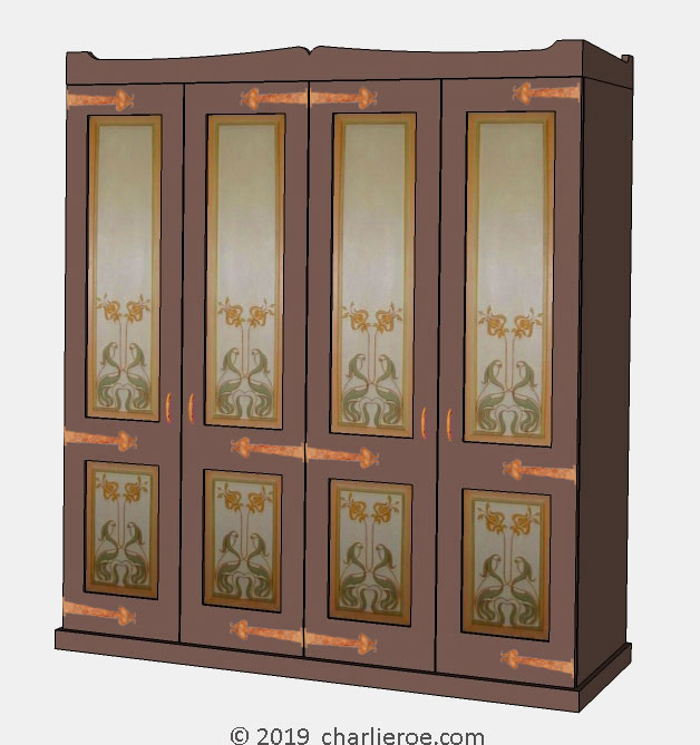 new Art Nouveau wardrobes with painted Jugendstil designs on the door panels and copper strap hinges