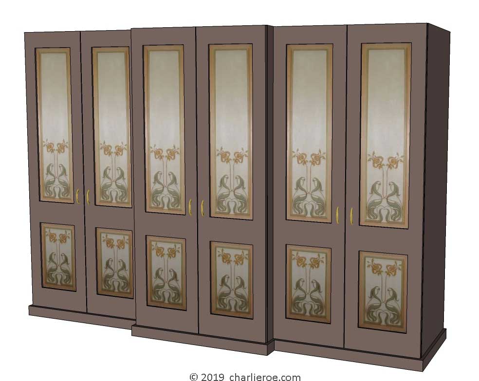 new Jugendstil Art Nouveau wardrobes with painted Jugendstil designs on the door panels