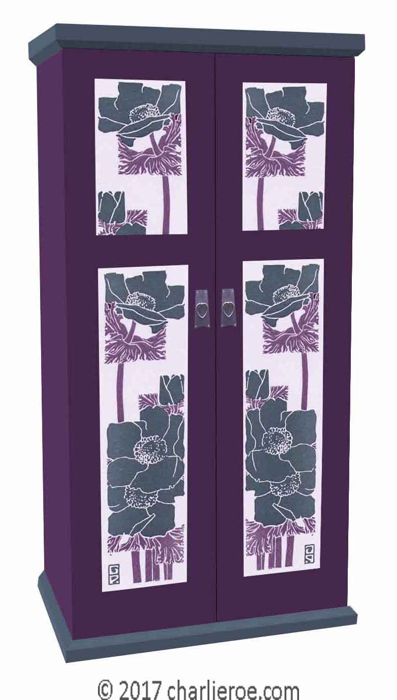 new Jugendstil Art Nouveau double wardrobe with painted Jugendstil designs on the door panels