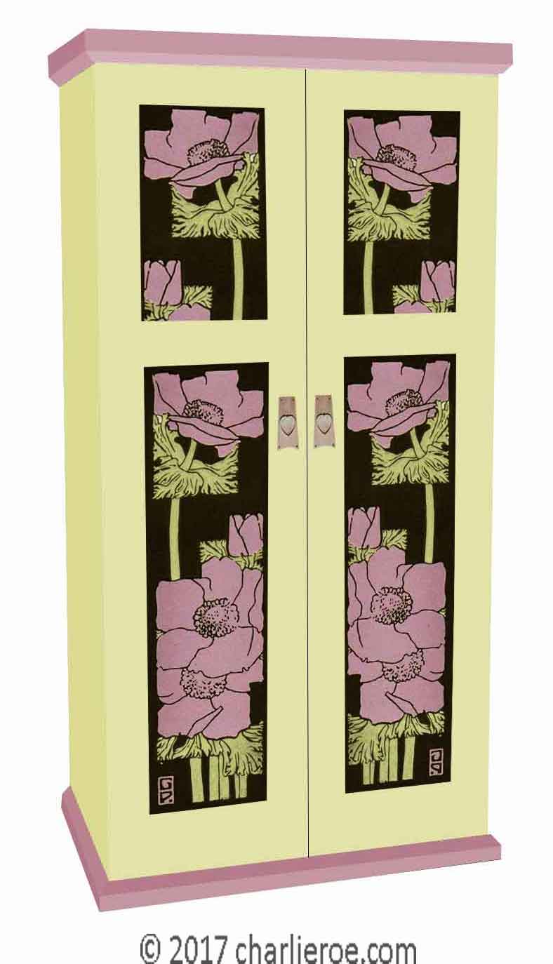new Jugendstil Art Nouveau double wardrobe with painted Jugendstil designs on the door panels
