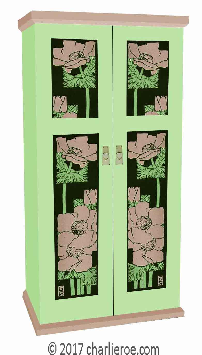 new Jugendstil Art Nouveau double wardrobe with painted Jugendstil designs on the door panels