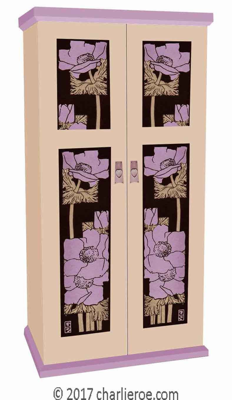new Jugendstil Art Nouveau Oak double wardrobe with painted Jugendstil designs on the door panels