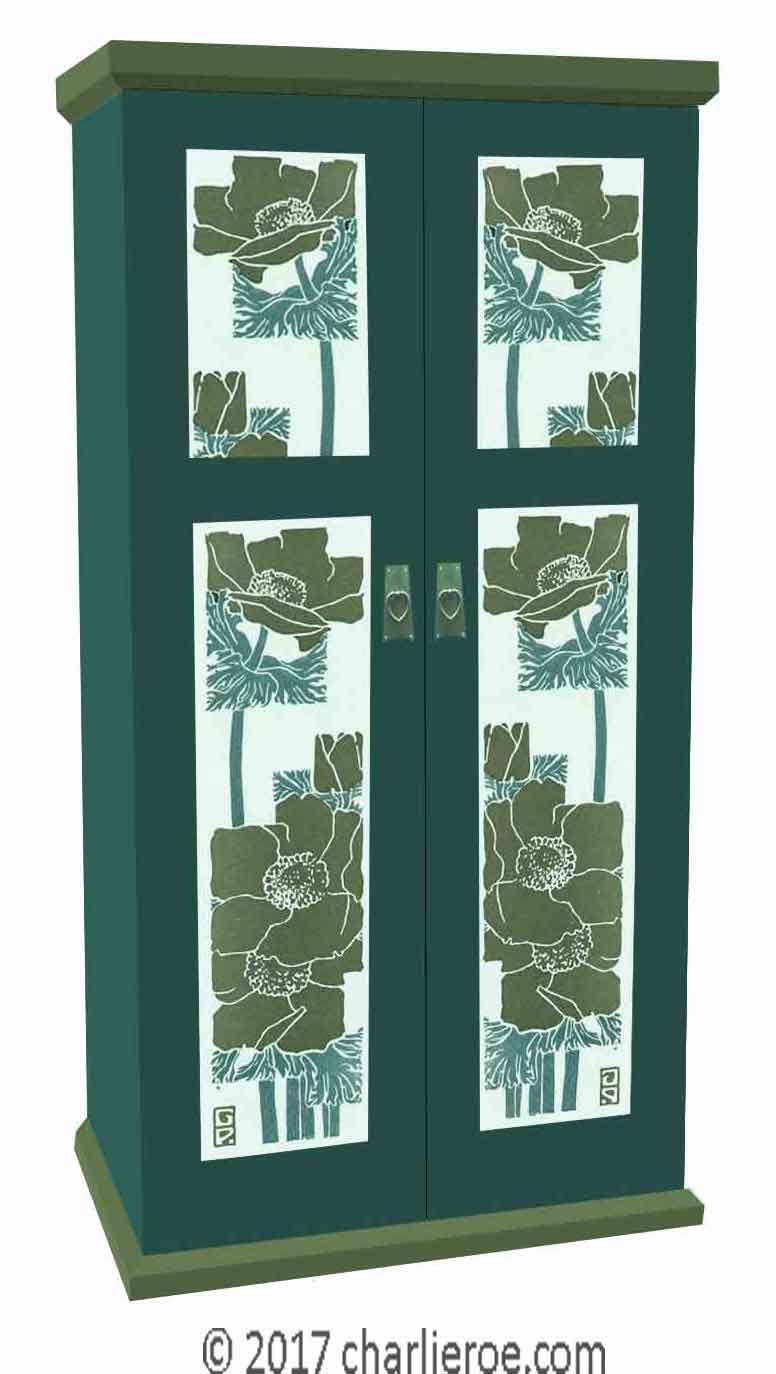 new Jugendstil Art Nouveau double wardrobe with painted Jugendstil designs on the door panels