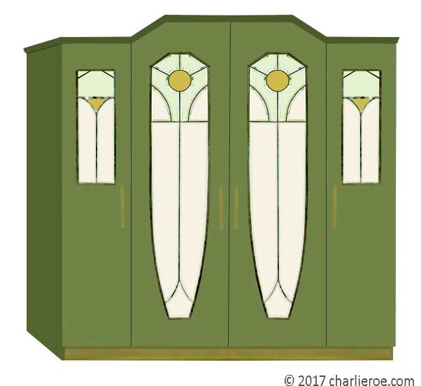 new Jugendstil Art Nouveau 4 door double wardrobe with painted Jugendstil stained glass door panels