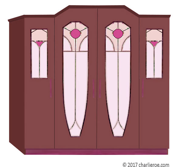 new Jugendstil Art Nouveau 4 door double wardrobe with painted Jugendstil stained glass door panels