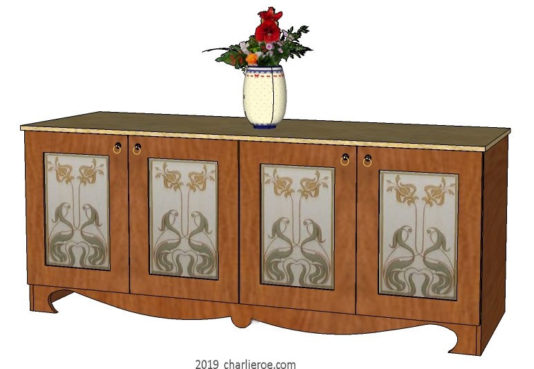 new Art Nouveau Jugendstil painted 4 door sideboard cabinet with decoratively painted door designs