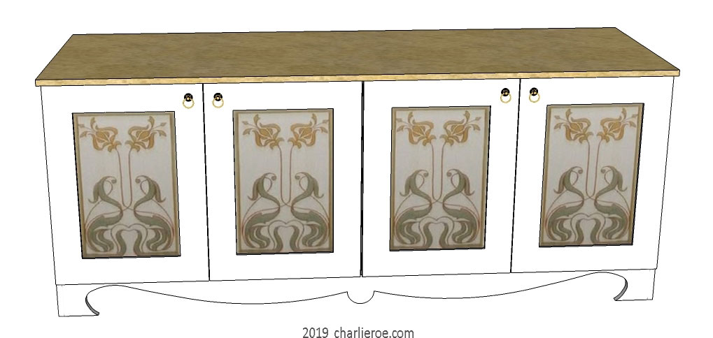 new Art Nouveau Jugendstil painted 4 door sideboard cabinet with decoratively painted door designs