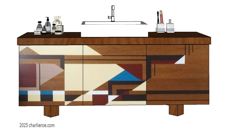 new Frank Lloyd Wright & Gene Masselink Arts & Crafts Movement bathroom  vanity in stained wood & painted geometric designs