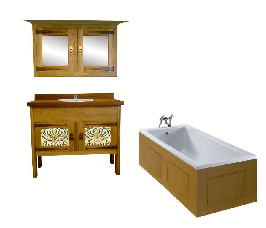 CFA Voysey Arts & Crafts Movement Oak bathroom vanity unit with decorative panels & mirror wall unit & built-in bath furniture