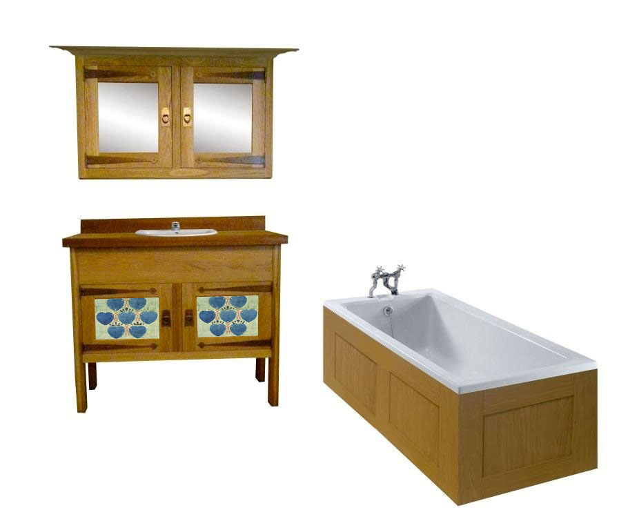 CFA Voysey Arts & Crafts Movement Oak bathroom vanity unit with decorative panels & mirror wall unit & built-in bath furniture