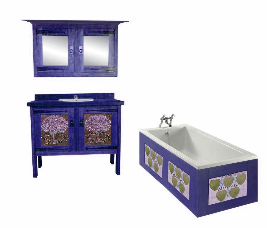 CFA Voysey Arts & Crafts Movement painted bathroom vanity unit with decorative panels & mirror wall unit & built-in bath furniture