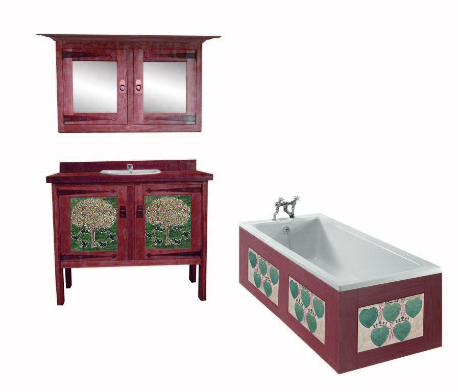 CFA Voysey Arts & Crafts Movement painted bathroom vanity unit with decorative panels & mirror wall unit & built-in bath furniture