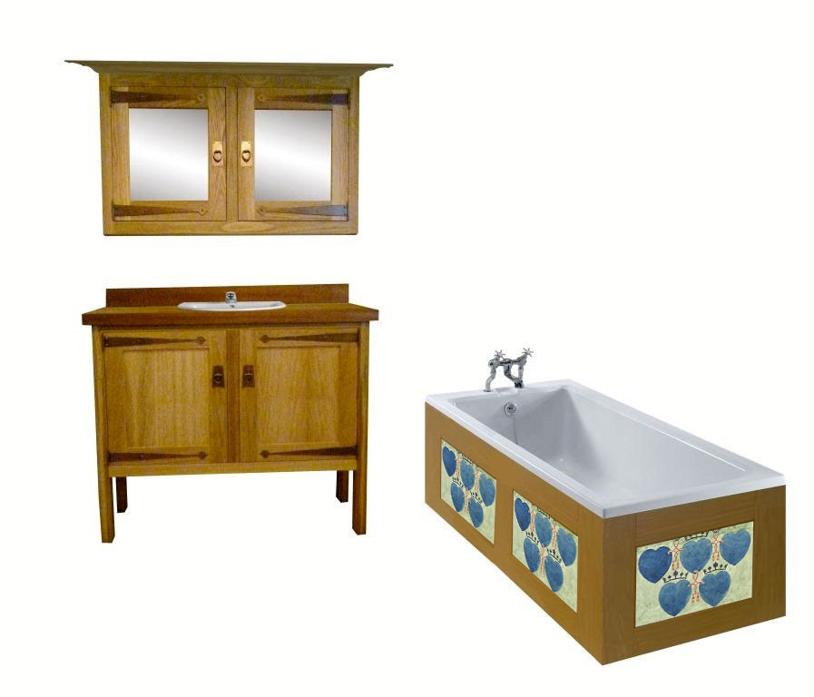 CFA Voysey Arts & Crafts Movement Oak bathroom vanity unit  with 'Bird' air vent panel designs & mirror wall unit & built-in bath furniture
