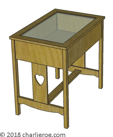 New CFA Voysey Arts & Crafts Movement oak display table with end 'faces', for showing memorabilia