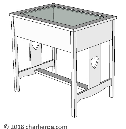 New CFA Voysey Arts & Crafts Movement oak display table with end 'faces', for showing memorabilia
