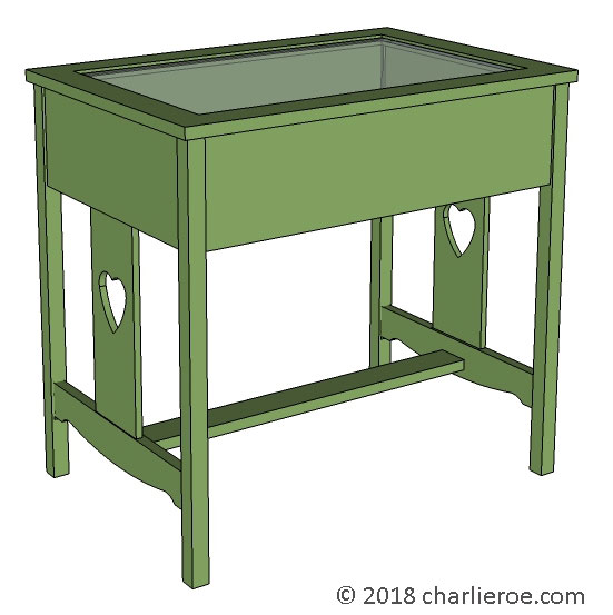 New CFA Voysey Arts & Crafts Movement oak display table with end 'faces', for showing memorabilia