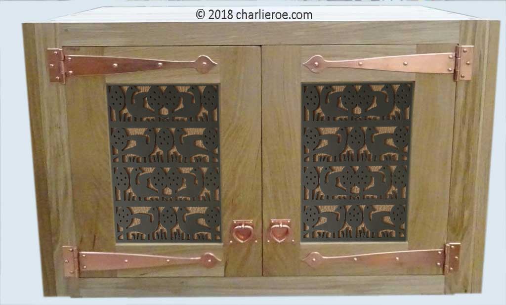 new CFA Voysey Arts & Crafts Movement Oak wall cupboard unit with birds grill door panel