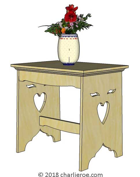 New CFA Voysey Arts & Crafts Movement light oak side table with end 'faces' for displaying memorabilia