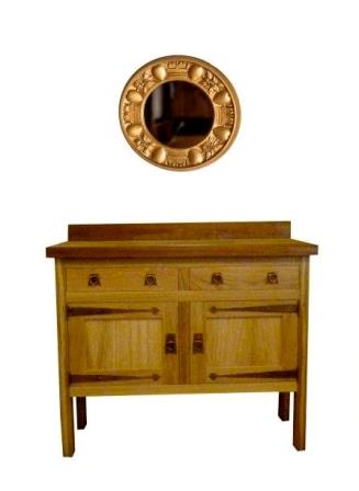CFA Voysey Arts and Crafts Movement Oak sideboard with heart handles & long strap hinges & round carved Voysey mirror