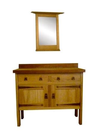 CFA Voysey Arts and Crafts Movement Oak sideboard with heart handles & long strap hinges & oak wall mirror