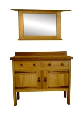 CFA Voysey Arts and Crafts Movement Oak sideboard with heart handles & long strap hinges & large oak wall mirror