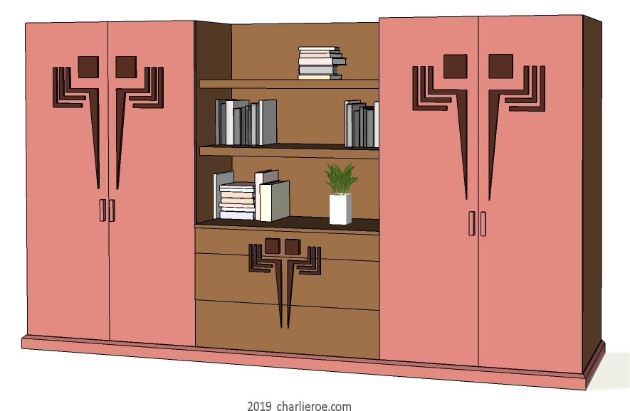 new Frank Lloyd Wright Prairie Usonian style Arts & Crafts Movement new bookcase flanked by 2 tall cupboards