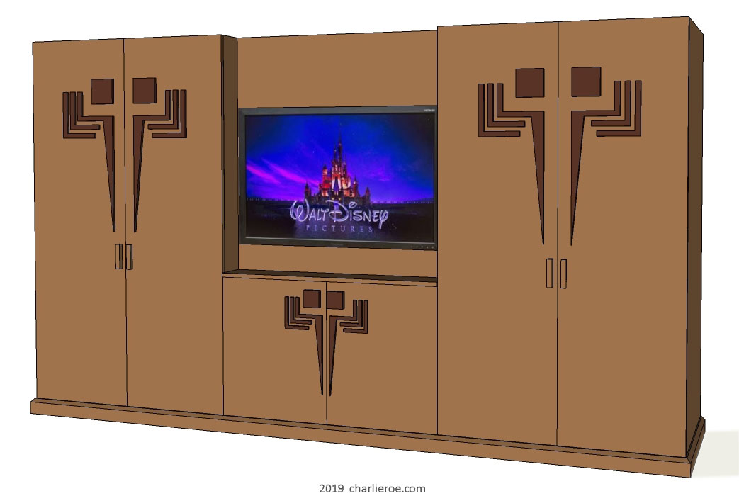 new Frank Lloyd Wright Prairie Usonian style Arts & Crafts Movement new media center, combining a 2 door sideboard and 2 tall cupboards