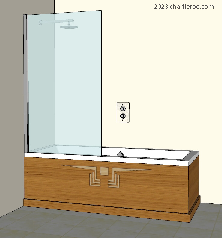 new Frank Lloyd Wright Prairie style Arts & Crafts Movement bathroom shower bath panels with perforated cut-out designs in a wood finish