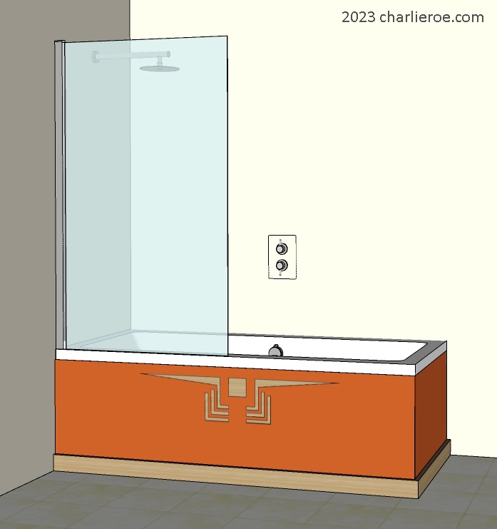 new Frank Lloyd Wright Prairie style Arts & Crafts Movement bathroom shower bath panels with perforated cut-out designs in a wood finish