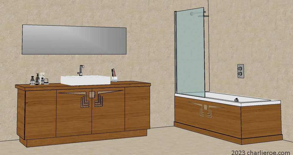 new Frank Lloyd Wright Prairie style Arts & Crafts Movement 4 door bathroom vanity with matching shower bath panels with perforated cut-out designs in a wood finish