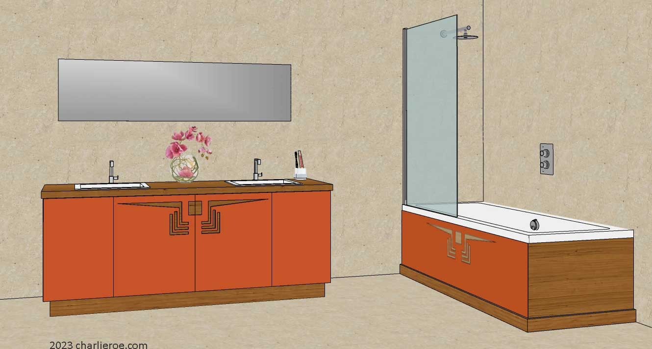 new Frank Lloyd Wright Prairie style Arts & Crafts Movement 4 door bathroom vanity with matching shower bath panels with perforated cut-out designs in a painted finish