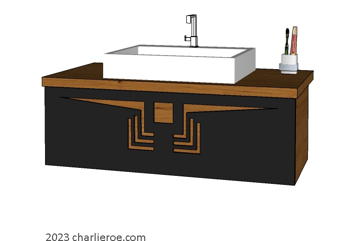 new Frank Lloyd Wright Prairie style Arts & Crafts Movement wall hung minimalist bathroom vanity unit with perforated cut-out designs in a wood finish