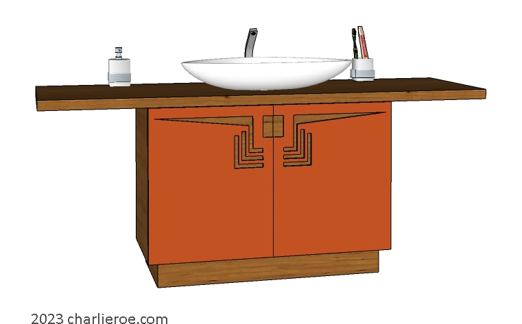 new Frank Lloyd Wright Prairie style Arts & Crafts Movement 2 door bathroom bathroom vanity unit with longer worktop and perforated cut-out designs in a painted finish