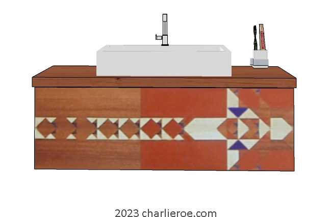 New Frank Lloyd Wright Prairie style Arts & Crafts Movement style wall hung minimalist bathroom vanity unit with matching shower bath panels using a Gene Masselink design