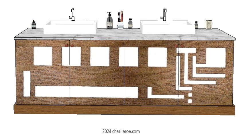 new Frank Lloyd Wright Prairie style Arts & Crafts Movement painted & wood bathroom double vanity unit with perforated cut-out designs