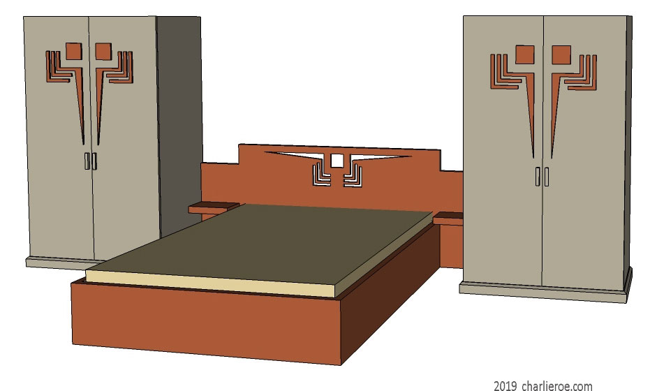 Frank Lloyd Wright Prairie Usonian Mission style Arts & Crafts Movement oak bedroom furniture with 2 double 2 door wardrobes with with integrated bed headboard