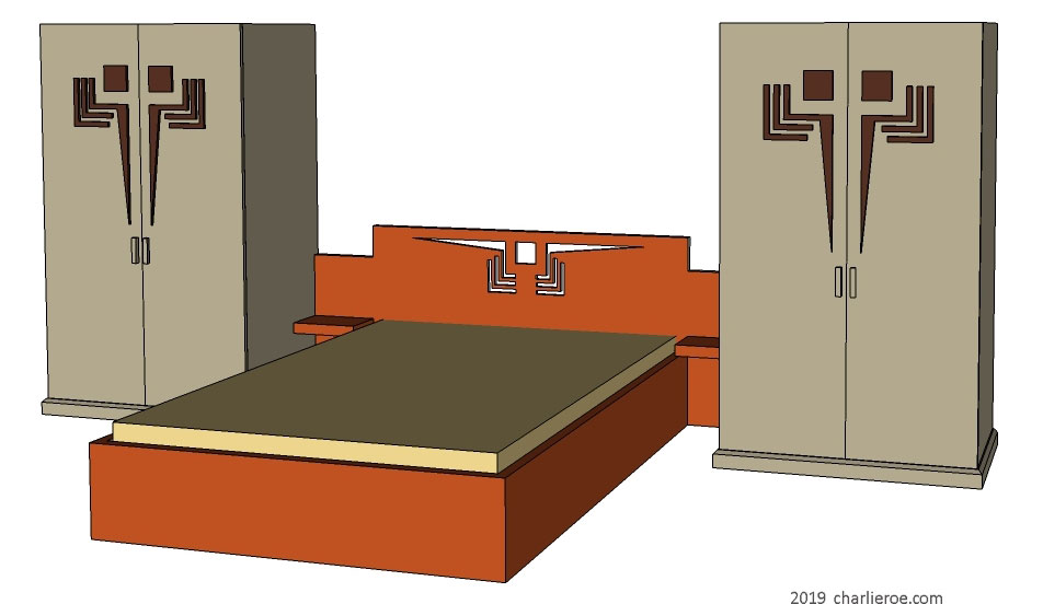 Frank Lloyd Wright Prairie Usonian Mission style Arts & Crafts Movement oak bedroom furniture with 2 double 2 door wardrobes with with integrated bed headboard