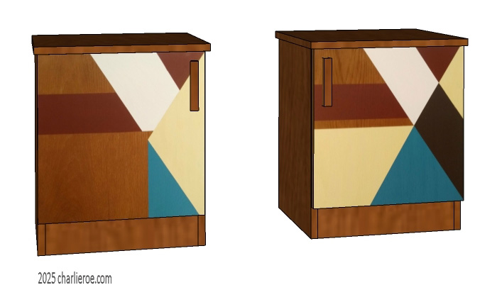 new Frank Lloyd Wright Arts & Crafts Movement Prairie Mission Usonian style wood matching bedside tables  with abstract painted door designs