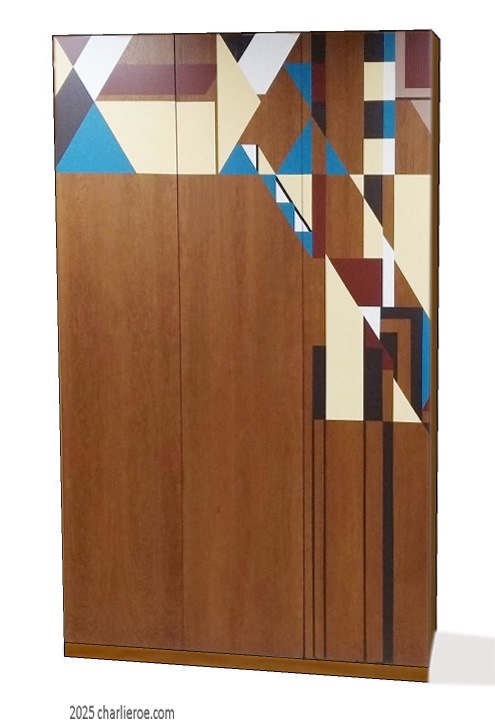 new Frank Lloyd Wright Arts & Crafts Movement Prairie Mission Usonian style wood 3 door bedroom wardrobes with abstract painted door designs
