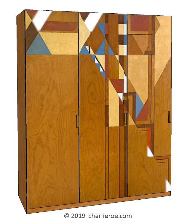 new Frank Lloyd Wright Arts & Crafts Movement Prairie Mission Usonian style wood 3 door bedroom wardrobes with abstract painted door designs